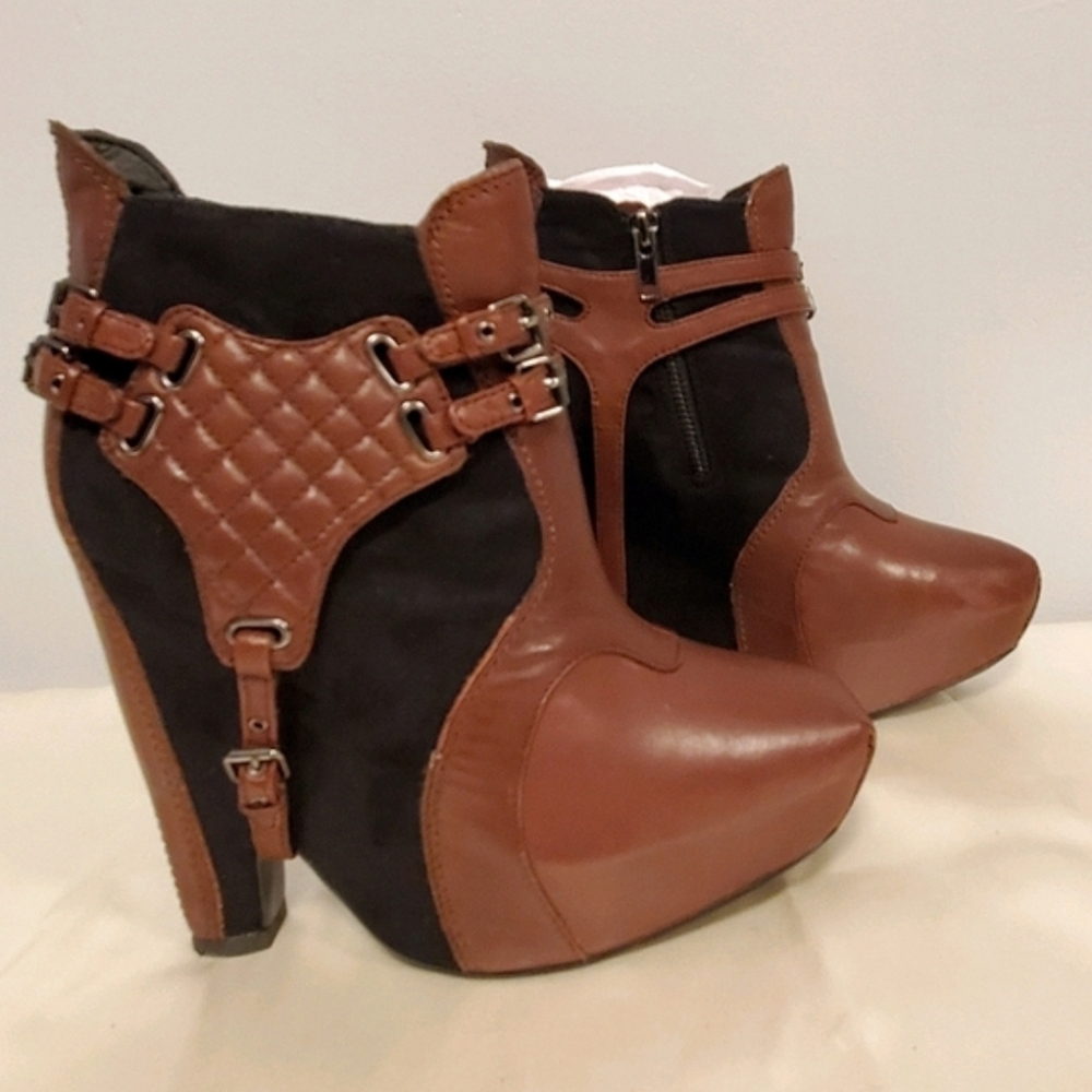 Sam Edelman Brown & Black Buckle Harness Zoe Leather Suede Wedge Ankle Boots sz9 - Picture 6 of 15